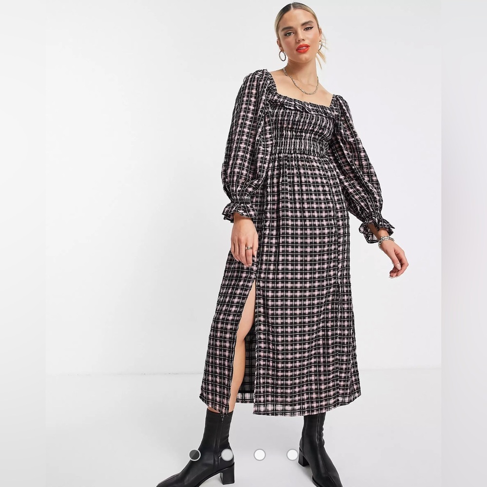 ASOS River Island shirred smocked square neck check midi dress in pink
